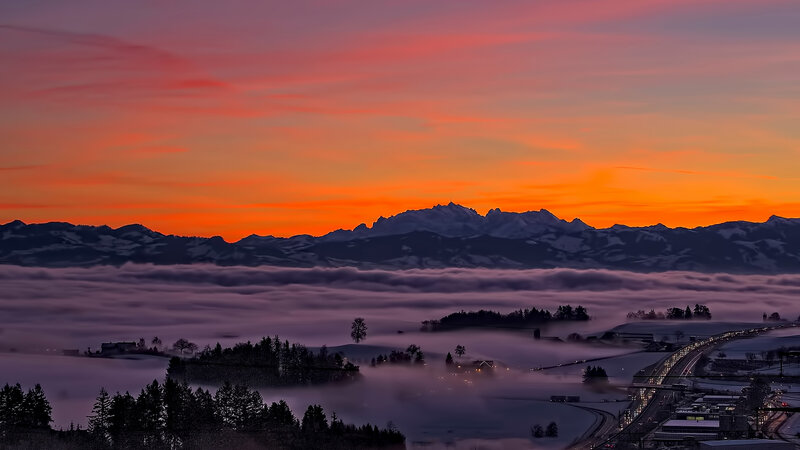 Mountain Range at Sunrise — Orange, Dramatic, Photograph, Clouds, Road