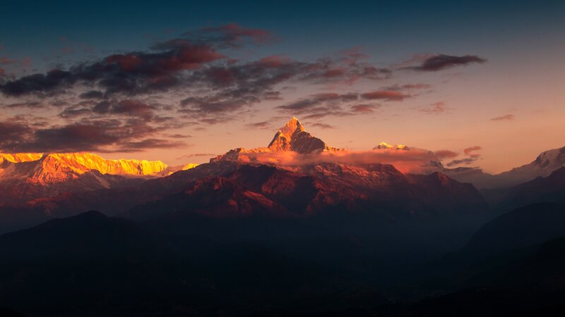 Mountain Range at Sunrise — Orange, Dramatic, Photograph, Clouds, Sky
