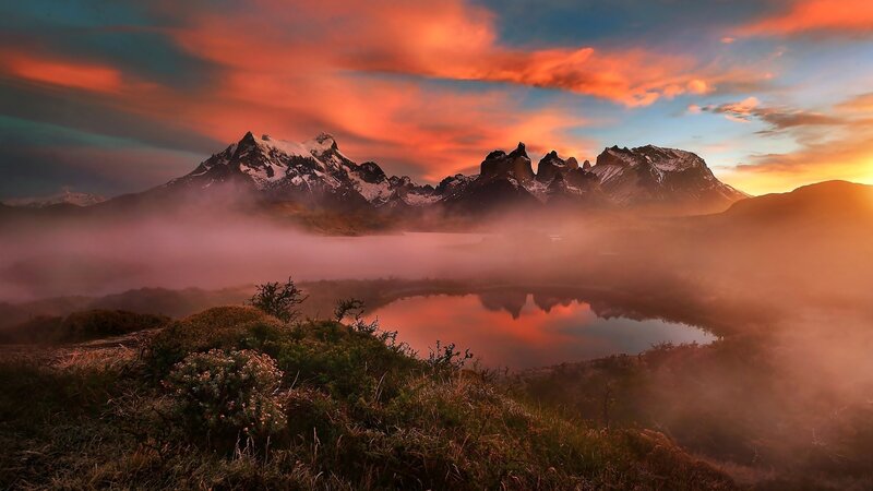 Mountain Range at Sunrise — Orange, Dramatic, Photograph, Fog, Lake