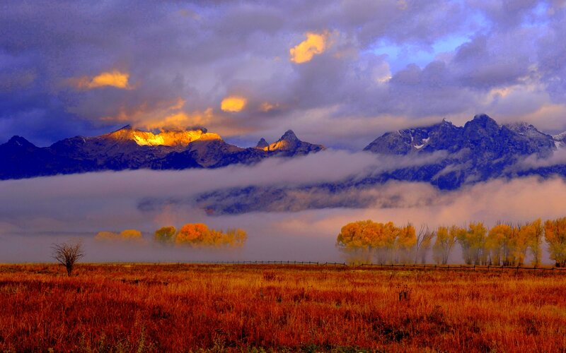 Mountain Range at Sunrise — Orange, Dramatic, Photograph, Fog