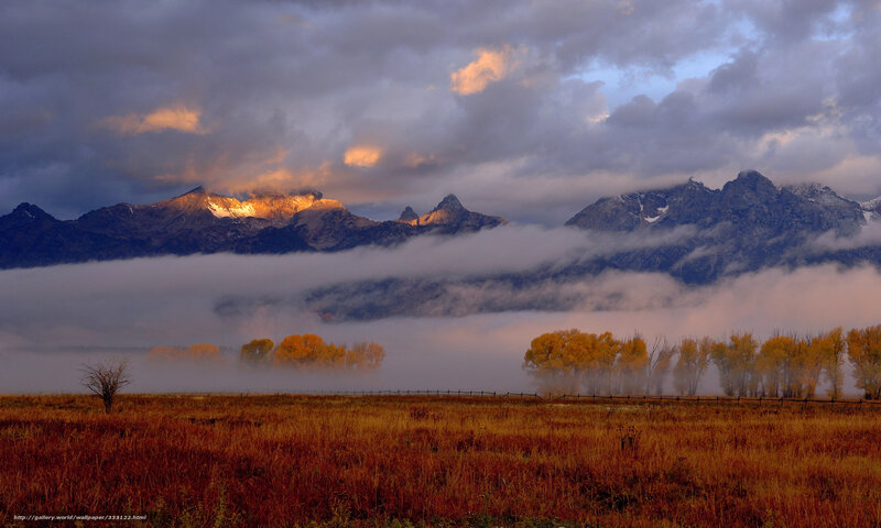 Mountain Range at Sunrise — Orange, Dramatic, Photograph, Fog, Trees