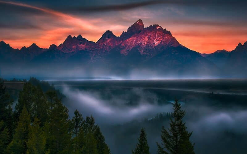 Mountain Range at Sunrise — Orange, Dramatic, Photograph, Forest