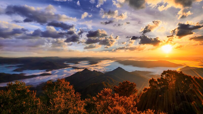Mountain Range at Sunrise — Orange, Dramatic, Photograph, Sun, Clouds