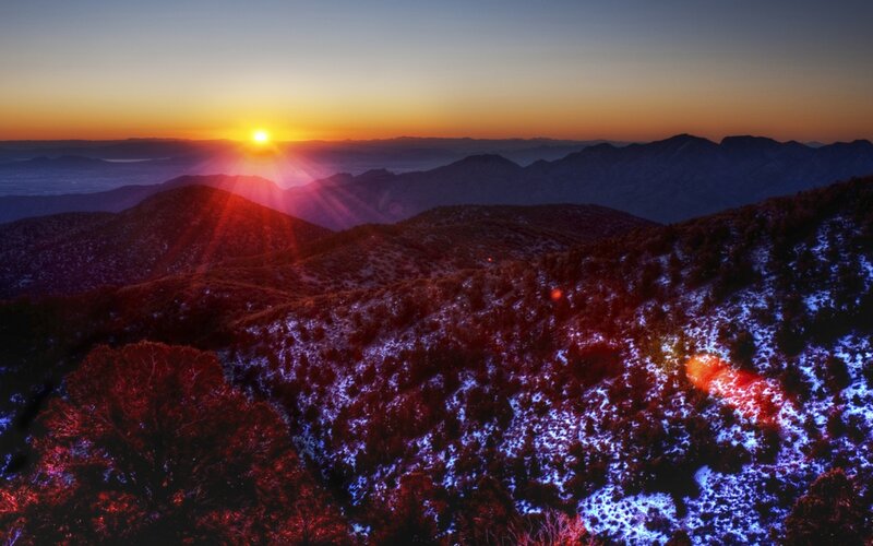 Mountain Range at Sunrise — Orange, Dramatic, Photograph, Sun, Mountains