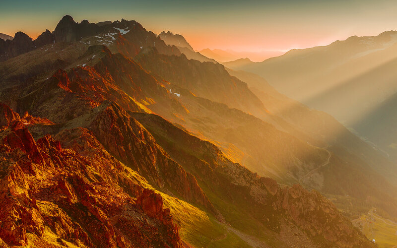 Mountain Range at Sunrise — Orange, Dramatic, Photograph, Sunlight