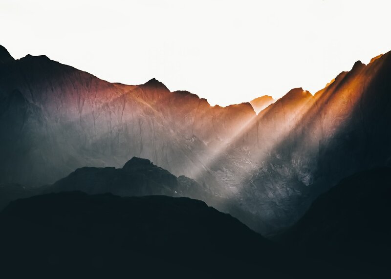 Mountain Range at Sunrise — Orange, Dramatic, Photograph, Sunlight, Valley