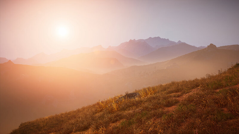 Mountain Range at Sunrise — Orange, Serene, 3d Render, Sun