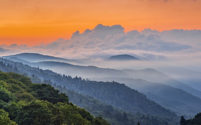 Mountain Range at Sunrise — Orange, Serene, Photograph, Clouds, Forests