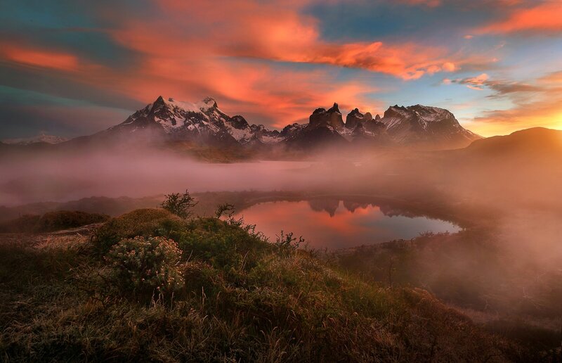 Mountain Range at Sunrise — Orange, Serene, Photograph, Fog, Lake, Clouds