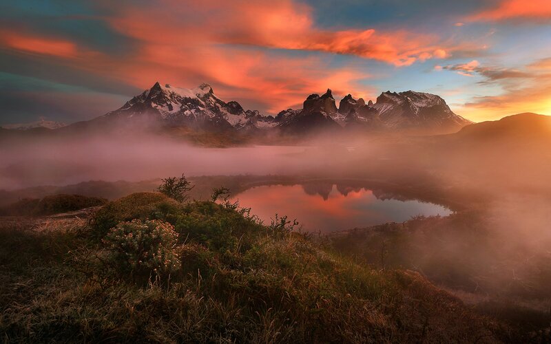 Mountain Range at Sunrise — Orange, Serene, Photograph, Fog, Lake