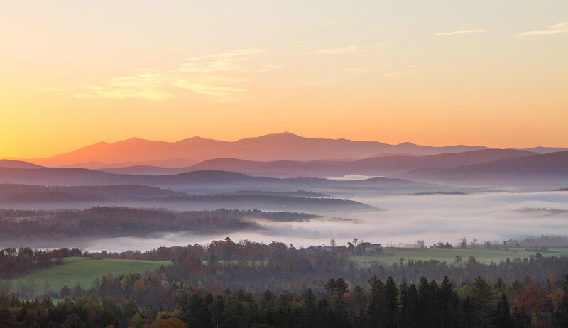 Mountain Range at Sunrise — Orange, Serene, Photograph, Fog, Valley