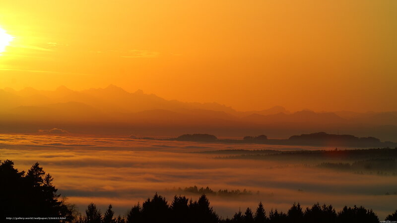Mountain Range at Sunrise — Orange, Serene, Photograph, Mountains, Fog
