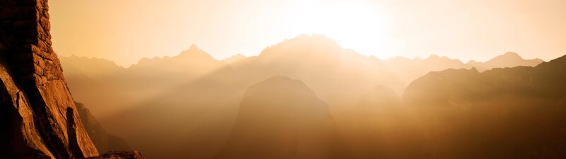 Mountain Range at Sunrise — Orange, Serene, Photograph, Mountains, Sunlight, Haze