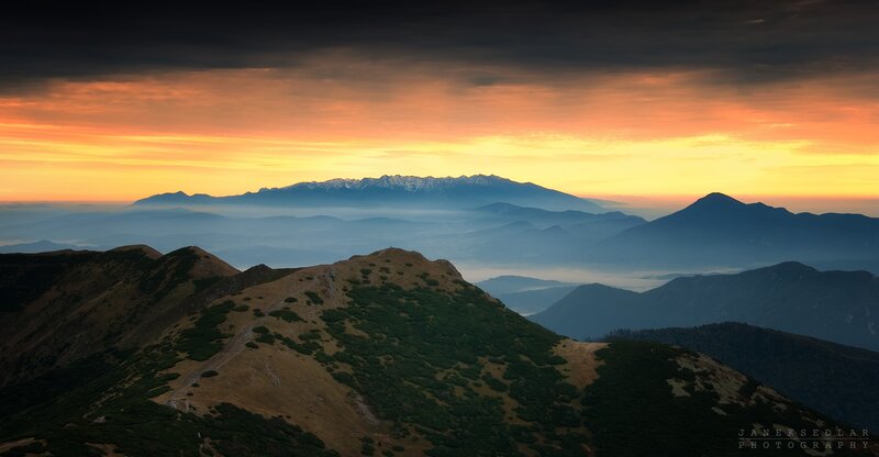 Mountain Range at Sunrise — Orange, Serene, Photograph, Sky