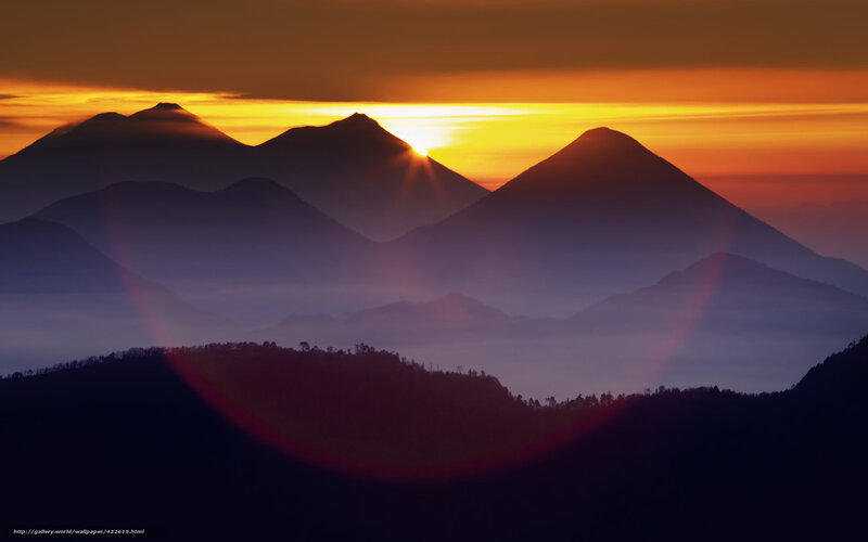 Mountain Range at Sunrise — Orange, Serene, Photograph, Sun, Clouds, Fog