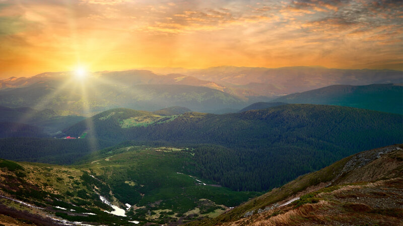 Mountain Range at Sunrise — Orange, Serene, Photograph, Sun, Clouds
