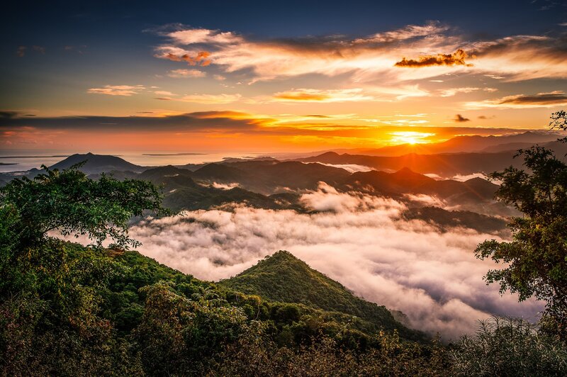 Mountain Range at Sunrise — Orange, Serene, Photograph, Sun, Clouds, Trees