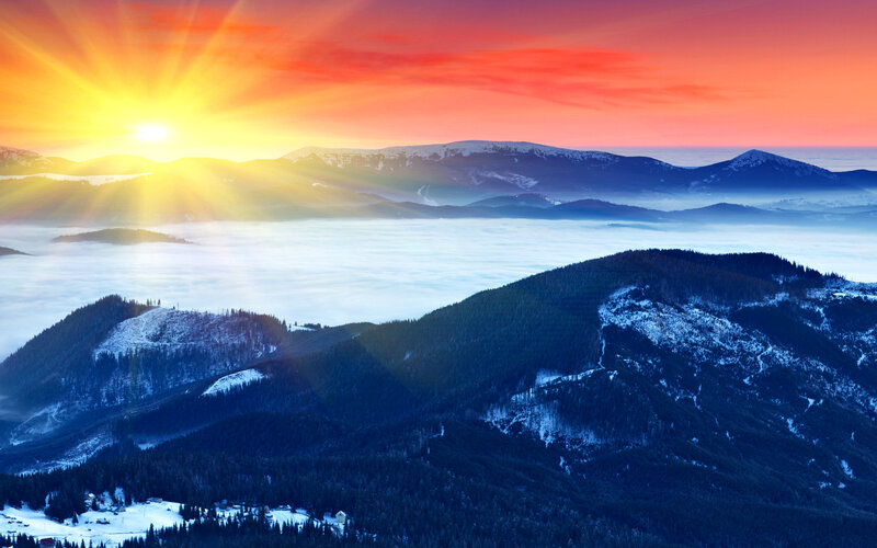 Mountain Range at Sunrise — Orange, Serene, Photograph, Sun