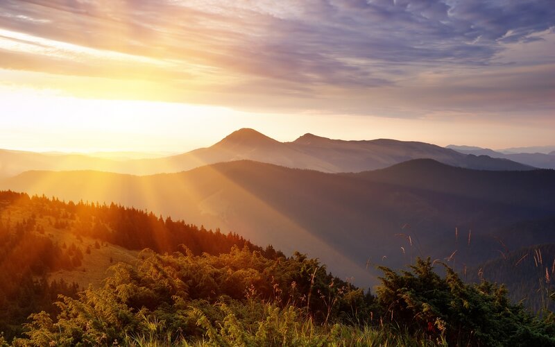 Mountain Range at Sunrise — Orange, Serene, Photograph, Sunlight