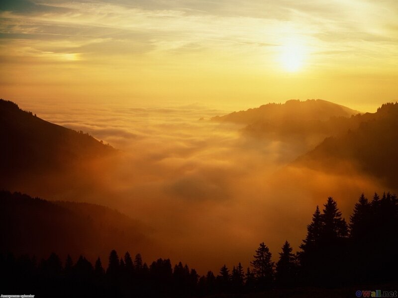 Mountain Range at Sunrise — Orange, Serene, Photograph