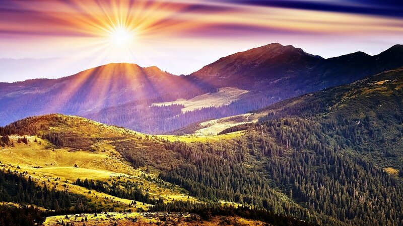 Mountain Range at Sunrise — Purple, Dramatic, Photograph