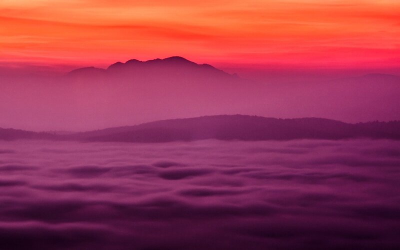 Mountain Range at Sunrise — Purple, Serene, Photograph, Clouds