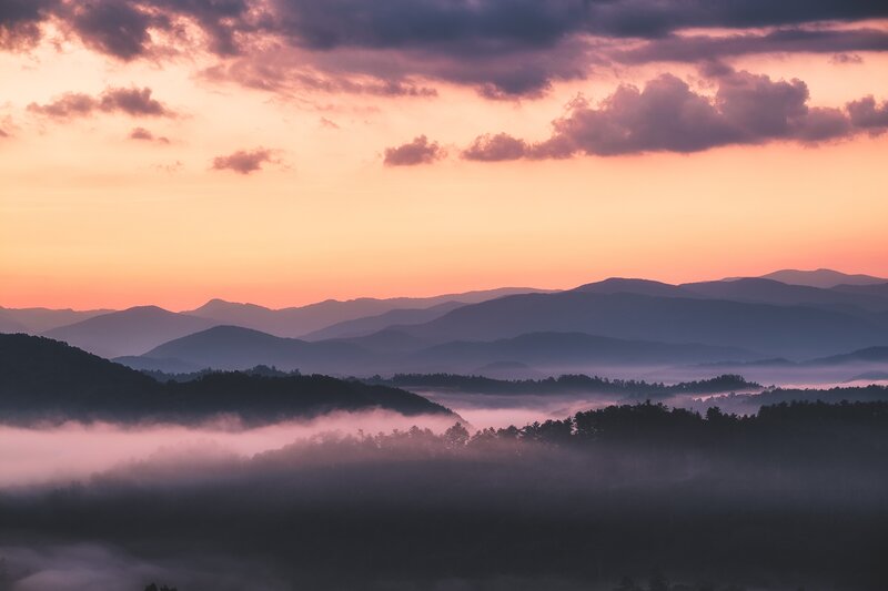 Mountain Range at Sunrise — Purple, Serene, Photograph, Fog