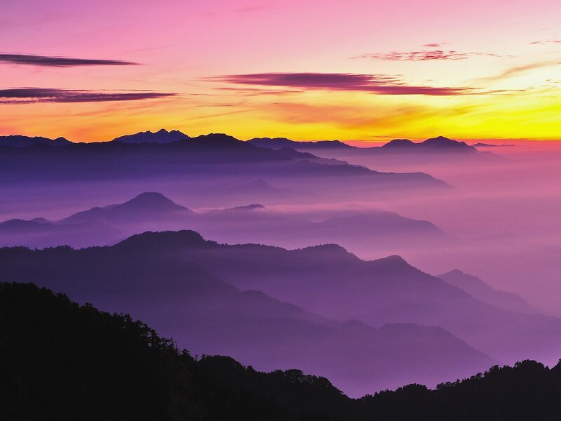 Mountain Range at Sunrise — Purple, Serene, Photograph, Sky