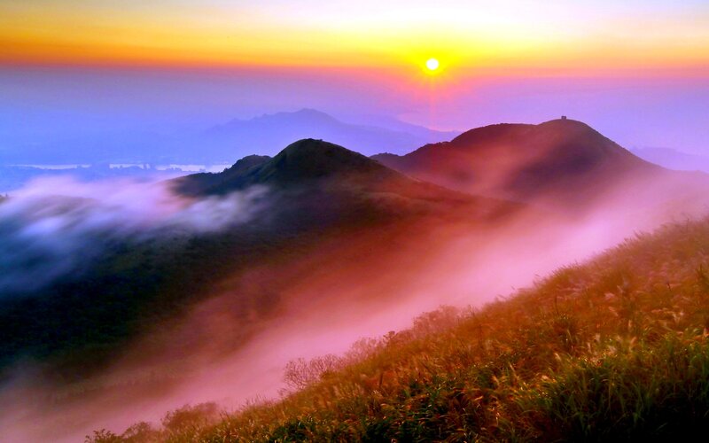 Mountain Range at Sunrise — Purple, Serene, Photograph