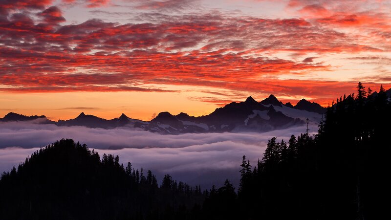 Mountain Range at Sunrise — Red, Dramatic, Photograph, Clouds, Forests