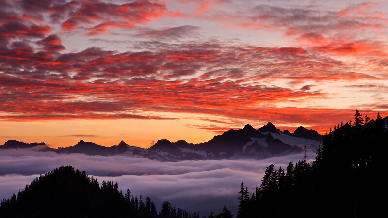 Mountain Range at Sunrise — Red, Dramatic, Photograph, Clouds