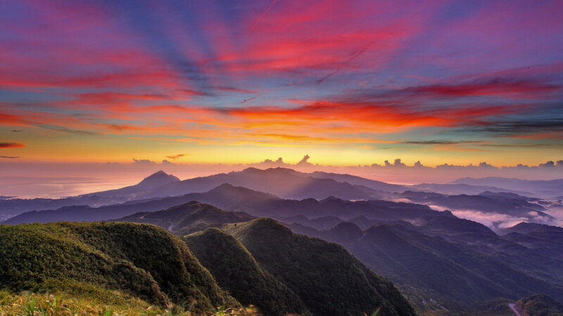 Mountain Range at Sunrise — Red, Dramatic, Photograph, Sky