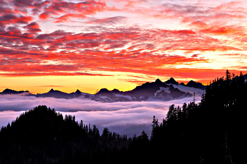 Mountain Range at Sunrise — Red, Dramatic, Photograph