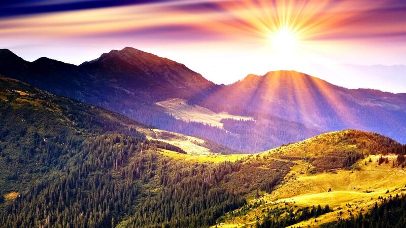 Mountain Range at Sunrise — Yellow, Dramatic, Photograph