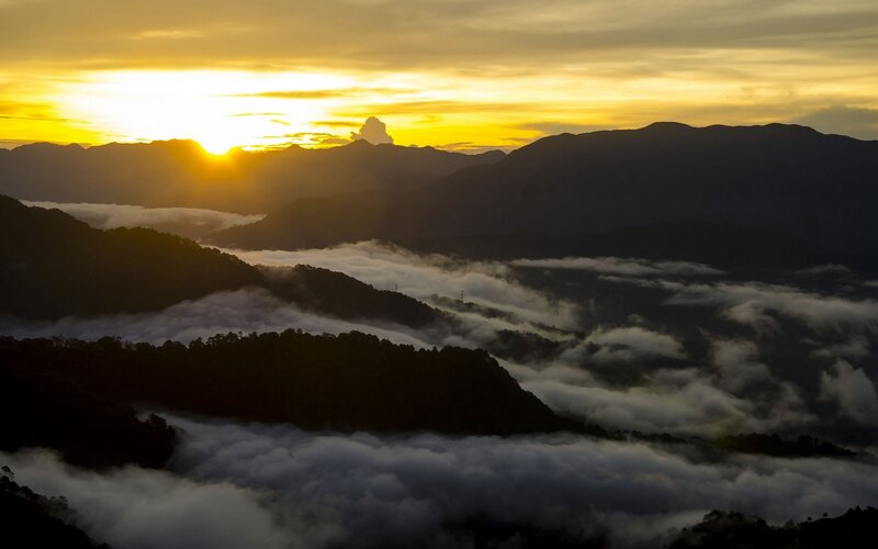 Mountain Range at Sunrise — Yellow, Serene, Photograph