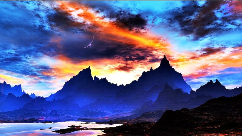 Mountain Range at Sunset — Blue, Dramatic, Digital Art, Clouds
