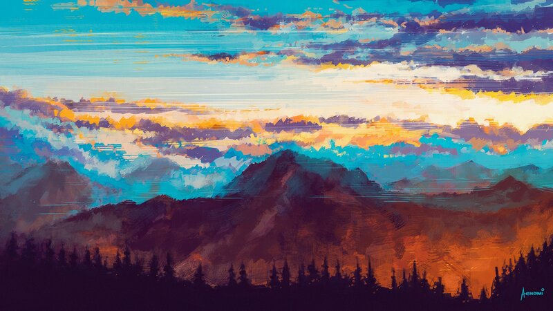 Mountain Range at Sunset — Blue, Dramatic, Digital Art, Clouds, Trees