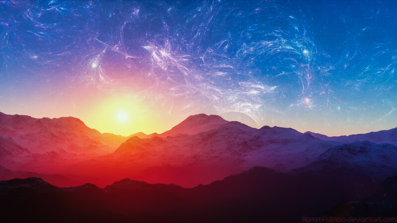 Mountain Range at Sunset — Blue, Dramatic, Digital Art, Sun