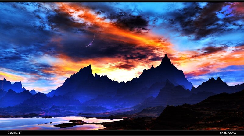 Mountain Range at Sunset — Blue, Dramatic, Digital Art