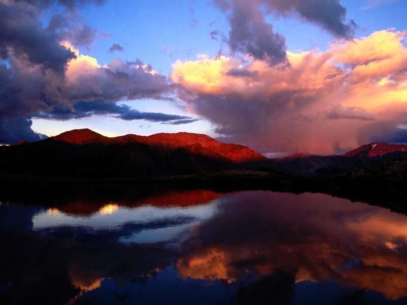 Mountain Range at Sunset — Blue, Dramatic, Photograph, Clouds, Lake, Mountains, Orange