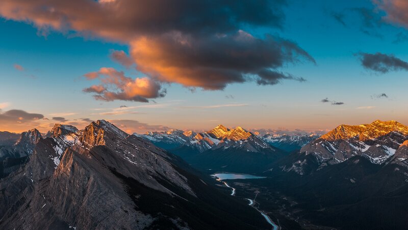 Mountain Range at Sunset — Blue, Dramatic, Photograph, Clouds, Lake, River