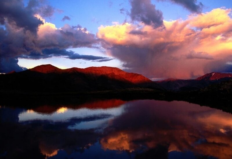 Mountain Range at Sunset — Blue, Dramatic, Photograph, Clouds, Lake