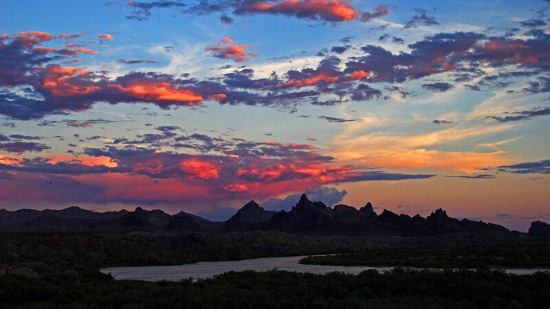Mountain Range at Sunset — Blue, Dramatic, Photograph, Clouds, River