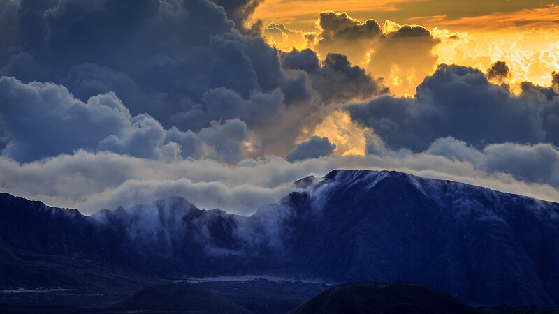 Mountain Range at Sunset — Blue, Dramatic, Photograph, Clouds, Sky, Mountains