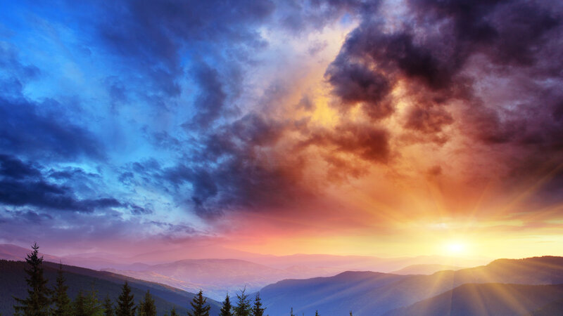 Mountain Range at Sunset — Blue, Dramatic, Photograph, Clouds, Sun