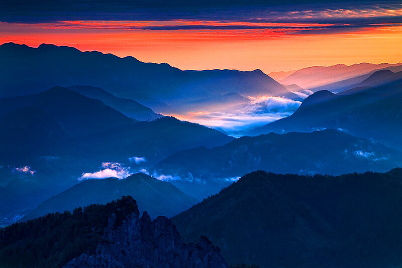 Mountain Range at Sunset — Blue, Dramatic, Photograph, Clouds