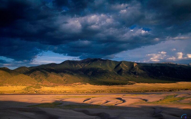 Mountain Range at Sunset — Blue, Dramatic, Photograph, Clouds, Valley