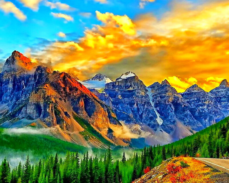 Mountain Range at Sunset — Blue, Dramatic, Photograph, Forest