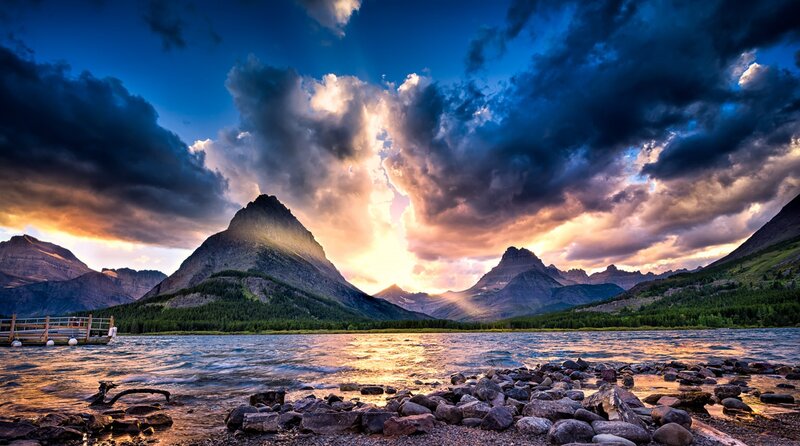 Mountain Range at Sunset — Blue, Dramatic, Photograph, Lake, Clouds, Dock