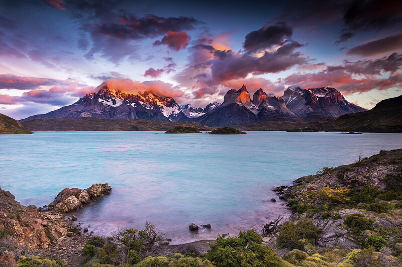 Mountain Range at Sunset — Blue, Dramatic, Photograph, Lake, Clouds, Islands